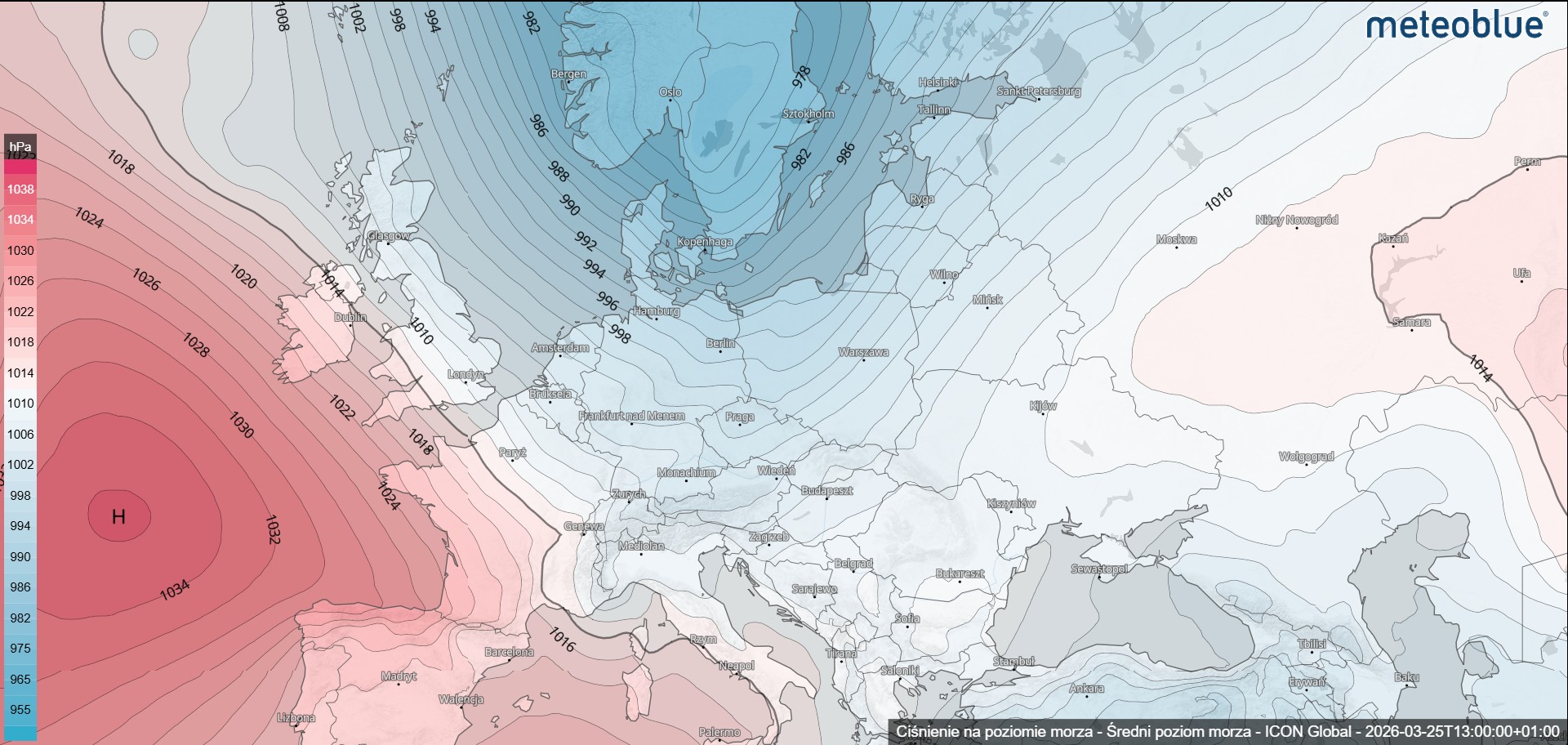 Rozległy wyż nad Atlantykiem, chłodniejszy napływ do Polski i aktywna strefa frontowa nad zachodnią Europą
