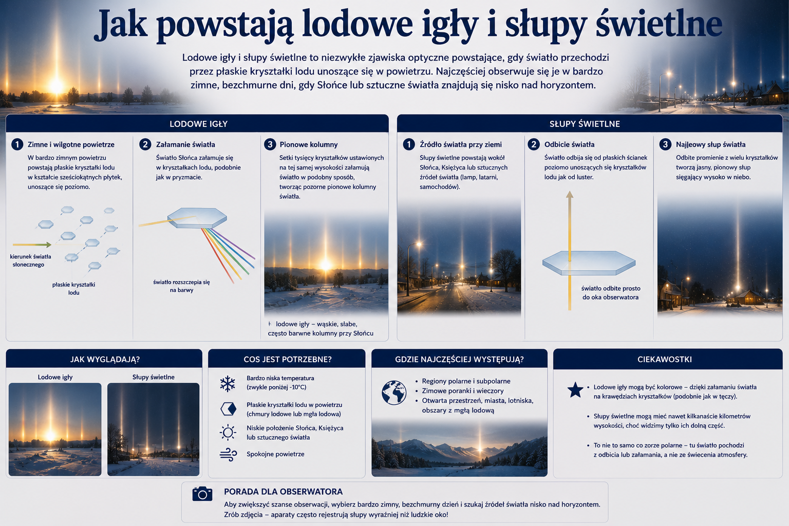 Jak powstają lodowe igły i słupy świetlne