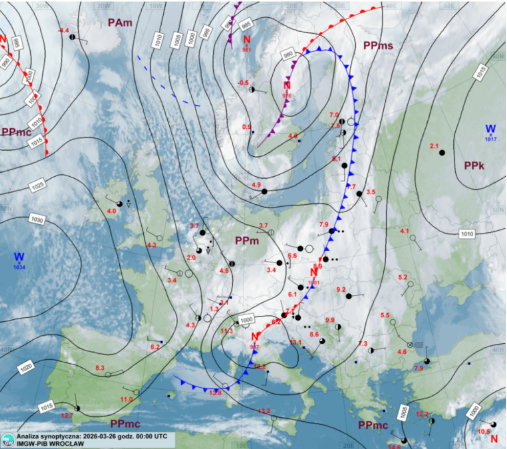 Niż i front chłodny nad Europą